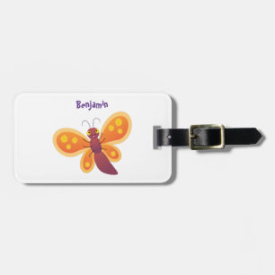 Cute happy orange butterfly cartoon illustration luggage tag