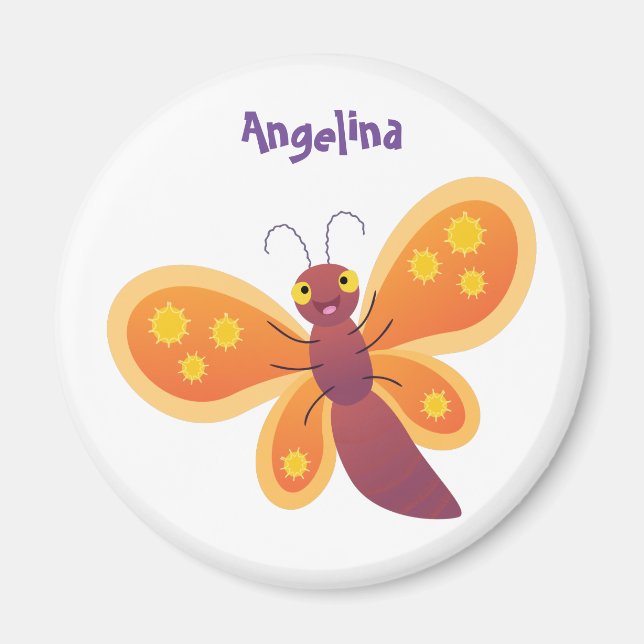Cute happy orange butterfly cartoon illustration magnet (Front)