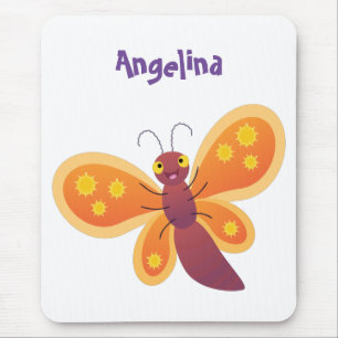 Cute happy orange butterfly cartoon illustration mouse mat