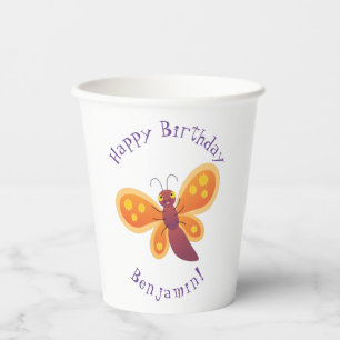 Cute happy orange butterfly cartoon illustration paper cups