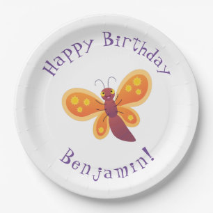 Cute happy orange butterfly cartoon illustration paper plate