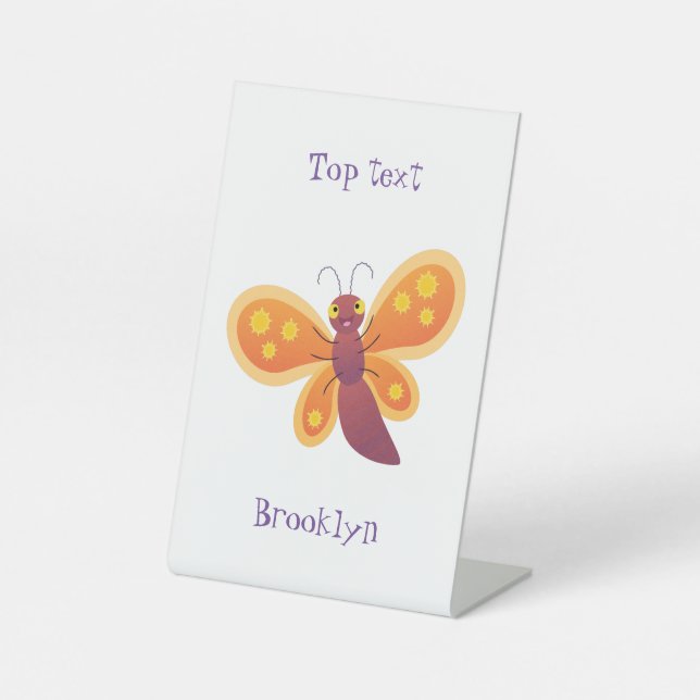 Cute happy orange butterfly cartoon illustration pedestal sign (Front)