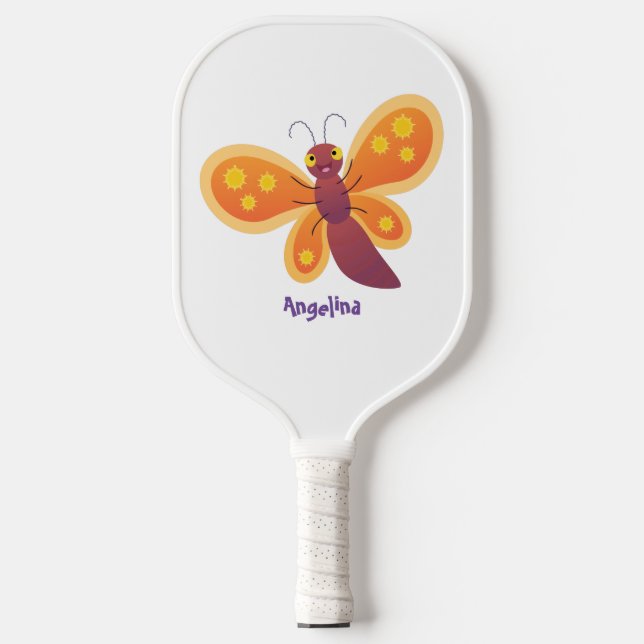 Cute happy orange butterfly cartoon illustration  pickleball paddle (Front)