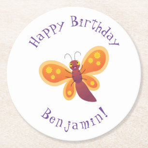 Cute happy orange butterfly cartoon illustration round paper coaster