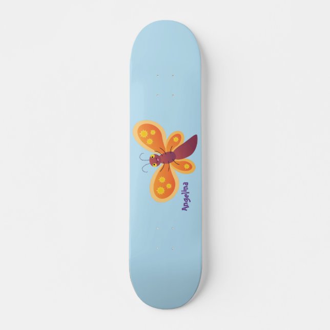 Cute happy orange butterfly cartoon illustration skateboard (Front)