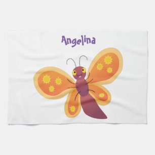 Cute happy orange butterfly cartoon illustration tea towel