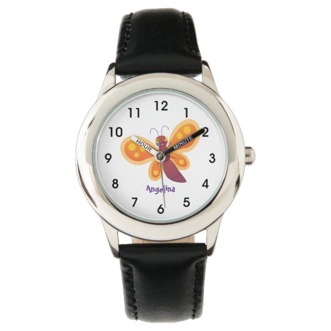 Cute happy orange butterfly cartoon illustration watch (Front)