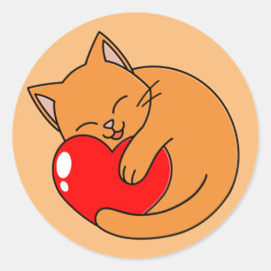 Cute Happy Orange Cat Holding Red Heart Classic Round Sticker