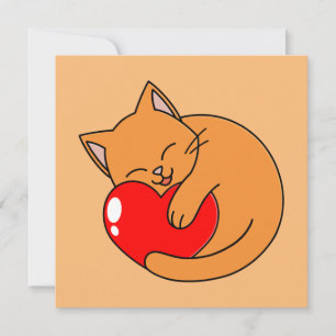 Cute Happy Orange Cat Holding Red Heart Invitation