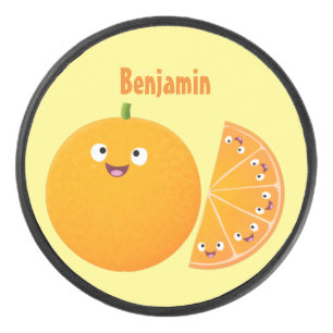 Cute happy orange citrus fruit cartoon hockey puck