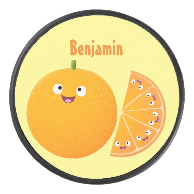 Cute happy orange citrus fruit cartoon hockey puck (Front)