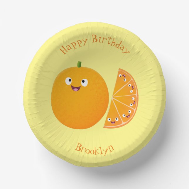 Cute happy orange citrus fruit cartoon  paper plate (Front)