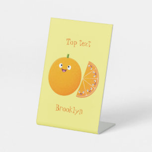 Cute happy orange citrus fruit cartoon pedestal sign