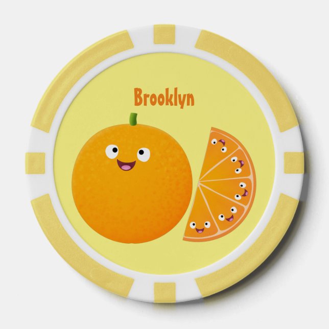 Cute happy orange citrus fruit cartoon poker chips (Front)