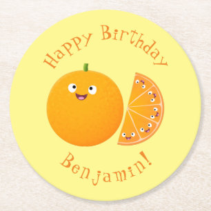Cute happy orange citrus fruit cartoon round paper coaster