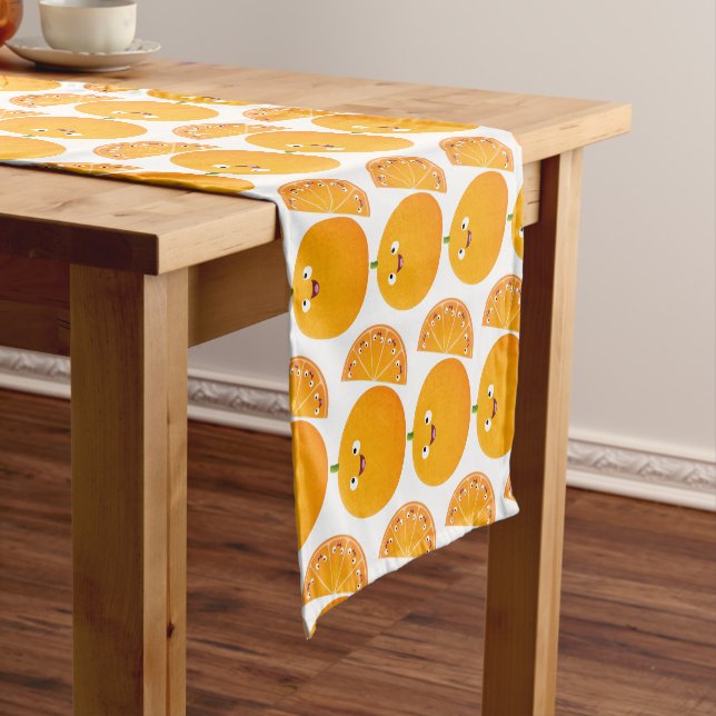 Cute happy orange citrus fruit cartoon short table runner (In Situ)