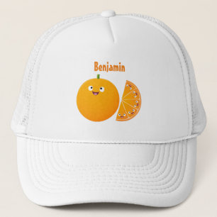 Cute happy orange citrus fruit cartoon trucker hat