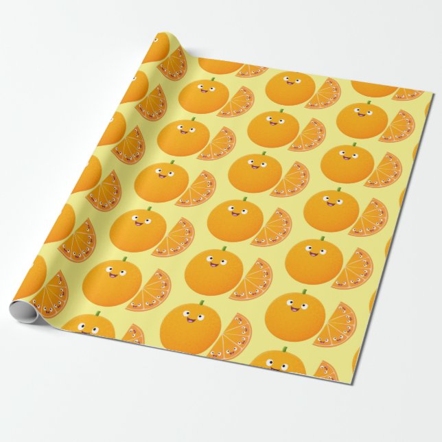 Cute happy orange citrus fruit cartoon wrapping paper (Unrolled)