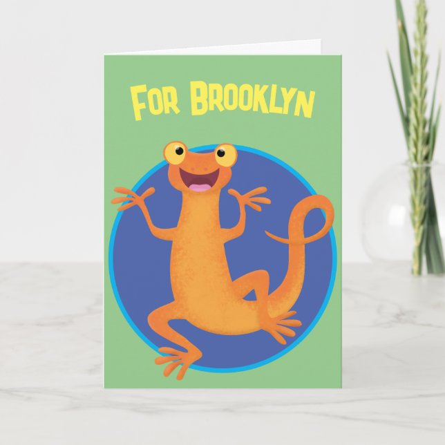 Cute happy orange dancing newt card (Front)