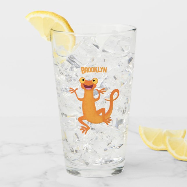 Cute happy orange dancing newt glass (Front Ice)