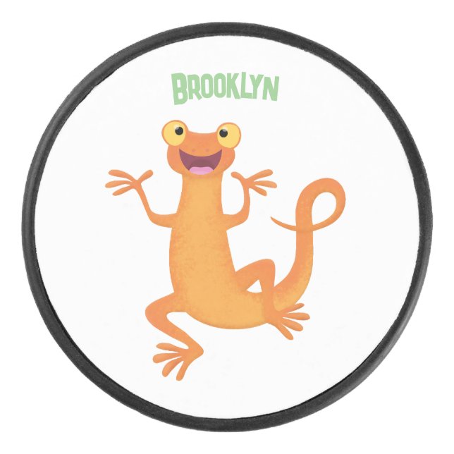 Cute happy orange dancing newt hockey puck (Front)