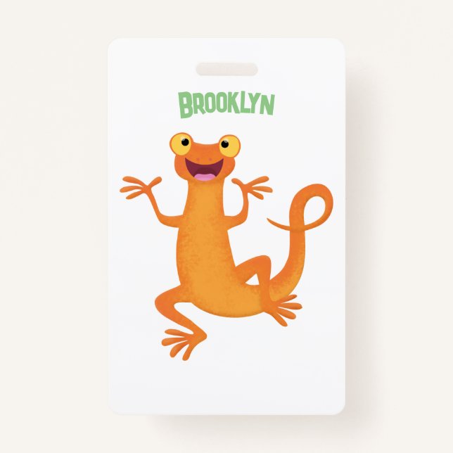 Cute happy orange dancing newt ID badge (Front)