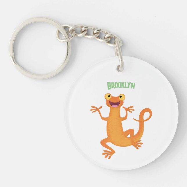 Cute happy orange dancing newt key ring (Front)