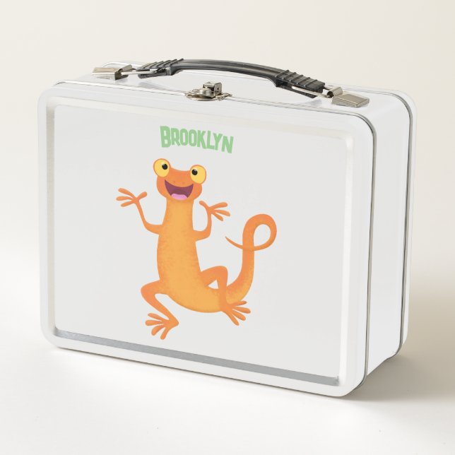 Cute happy orange dancing newt metal lunch box (Front)