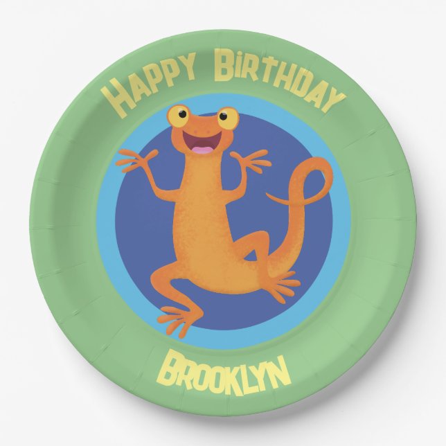 Cute happy orange dancing newt  paper plate (Front)