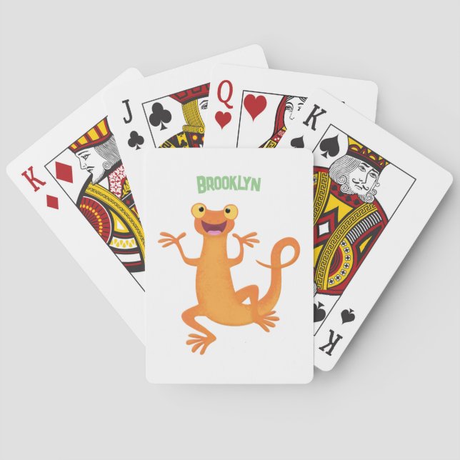 Cute happy orange dancing newt playing cards (Back)