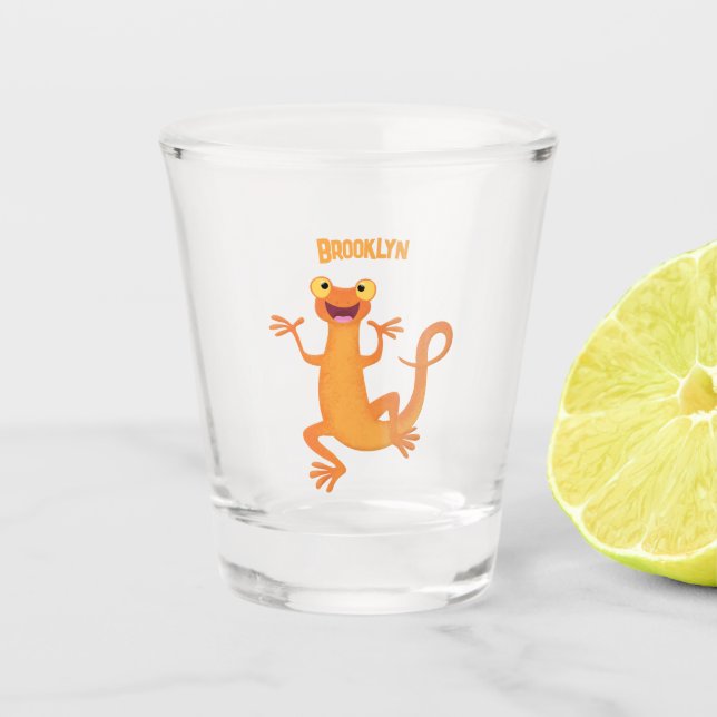 Cute happy orange dancing newt shot glass (Front)