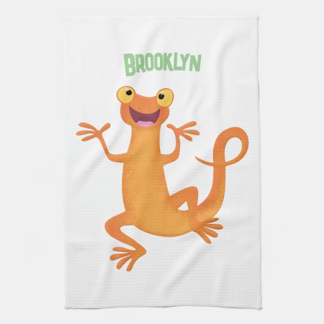 Cute happy orange dancing newt tea towel (Vertical)