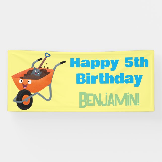 Cute happy orange wheelbarrow cartoon illustration banner (Horizontal)