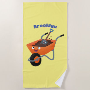 Cute happy orange wheelbarrow cartoon illustration beach towel