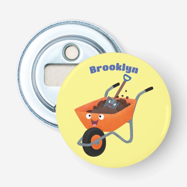 Cute happy orange wheelbarrow cartoon illustration bottle opener (Front)