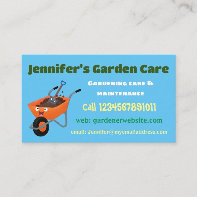 Cute happy orange wheelbarrow cartoon illustration business card (Front)