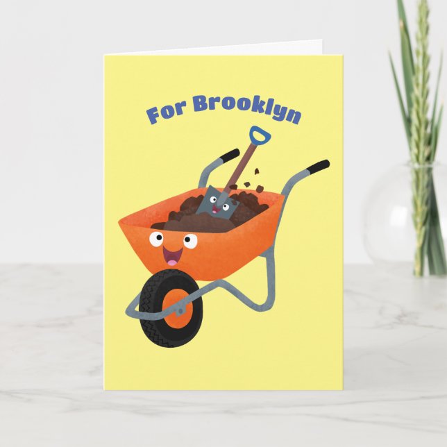 Cute happy orange wheelbarrow cartoon illustration card (Front)