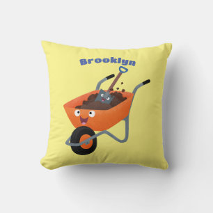 Cute happy orange wheelbarrow cartoon illustration cushion