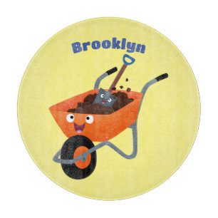Cute happy orange wheelbarrow cartoon illustration cutting board