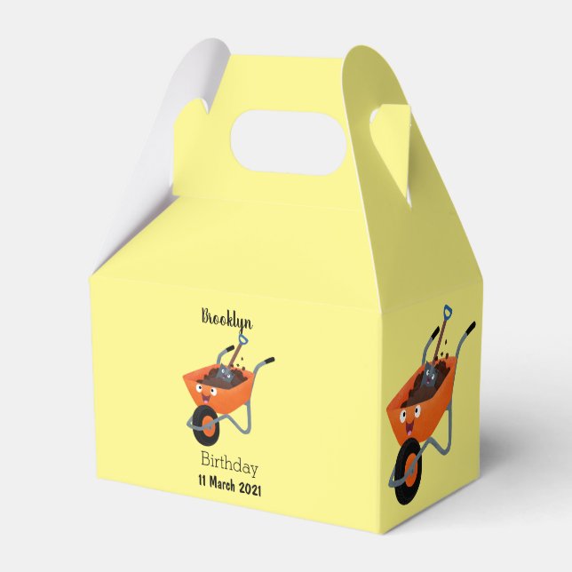 Cute happy orange wheelbarrow cartoon illustration favour box (Front Side)