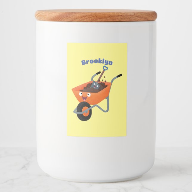 Cute happy orange wheelbarrow cartoon illustration food label (Front)