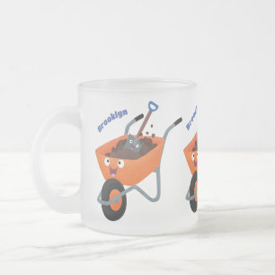 Cute happy orange wheelbarrow cartoon illustration frosted glass coffee mug