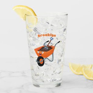 Cute happy orange wheelbarrow cartoon illustration glass