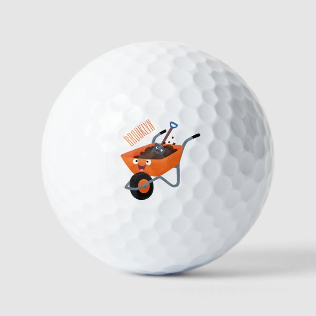 Cute happy orange wheelbarrow cartoon illustration golf balls (Front)