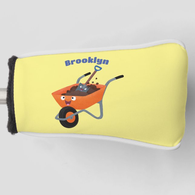 Cute happy orange wheelbarrow cartoon illustration golf head cover (Front)