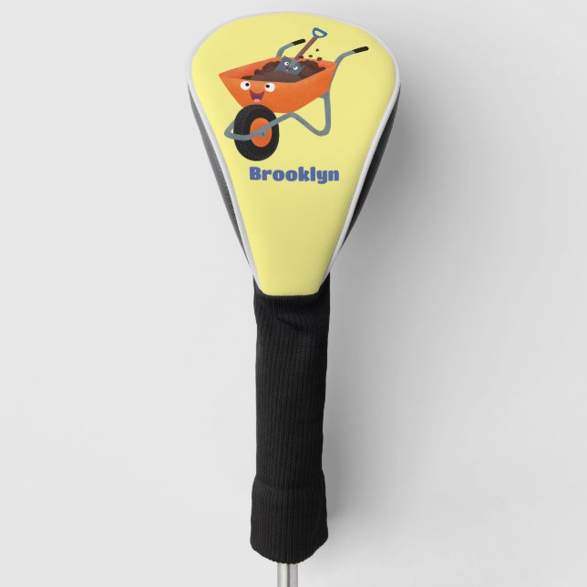 Cute happy orange wheelbarrow cartoon illustration golf head cover (Front)