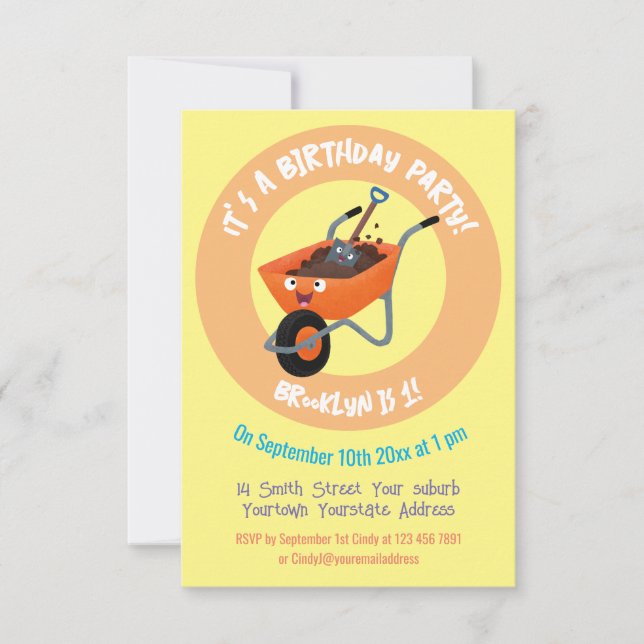 Cute happy orange wheelbarrow cartoon illustration invitation (Front)