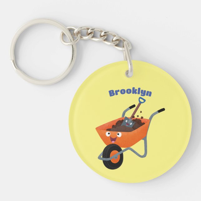 Cute happy orange wheelbarrow cartoon illustration key ring (Front)