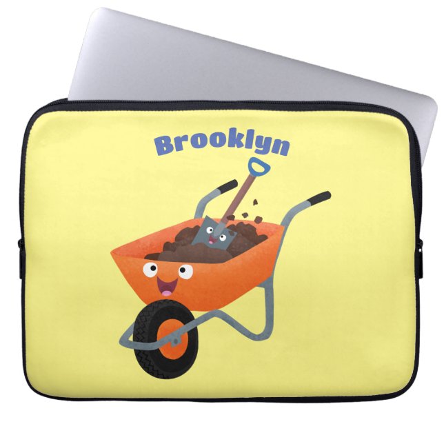 Cute happy orange wheelbarrow cartoon illustration laptop sleeve (Front)