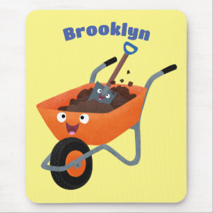 Cute happy orange wheelbarrow cartoon illustration mouse mat